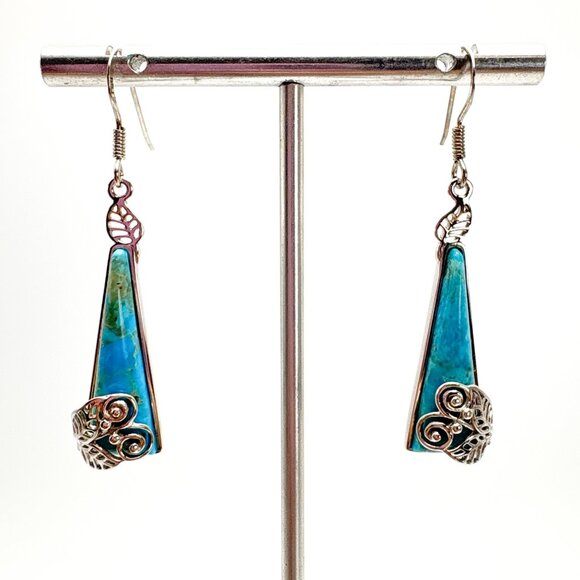 VTG Sterling Silver 925 Turquoise Floral & Scroll Dangle Earrings Size 2" Length - Picture 1 of 9